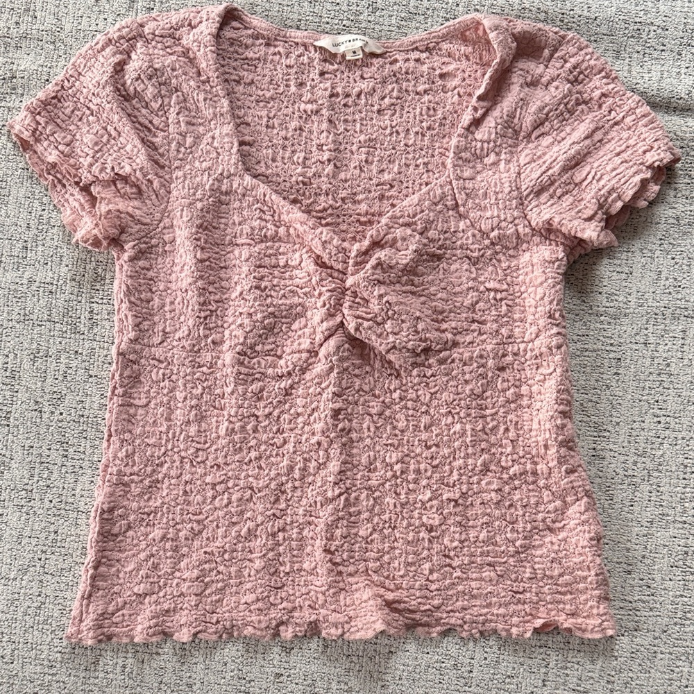 Lucky Brand Textured V Neck Babydoll Top in Sepia Rose Pink Size Medium